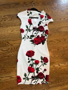 Va Va Voom White Floral Rose Sheath Dress - Red Rose Print S